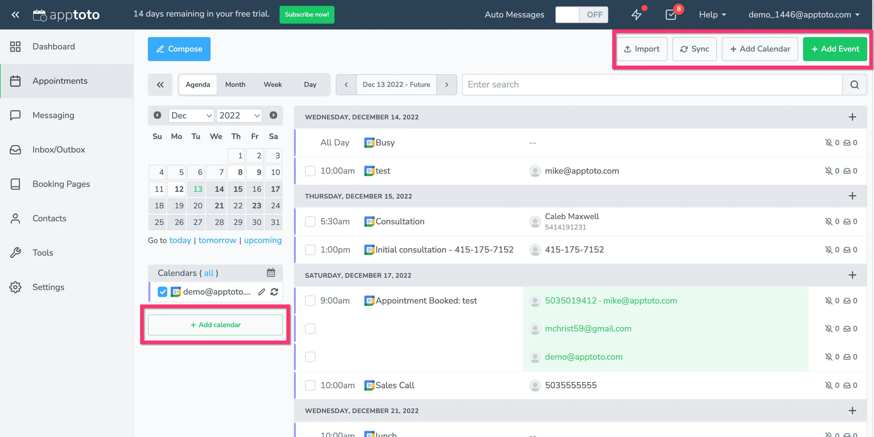 Access relevant features via buttons on the Appointments tab.