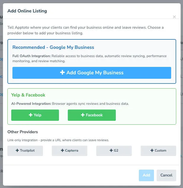 Add a Google Business Profile by clicking the "Google My Business" button