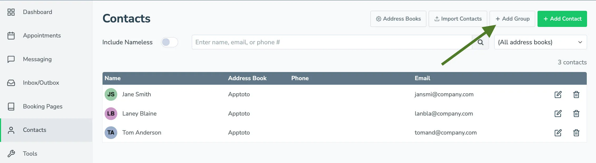 Add Contacts Group via the Apptoto Contacts tab