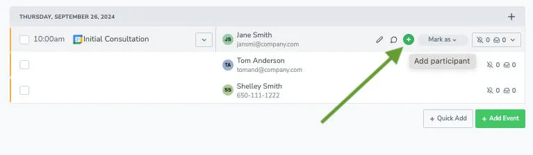 Click the + button on an calendar event in the agenda view to add a new participant.