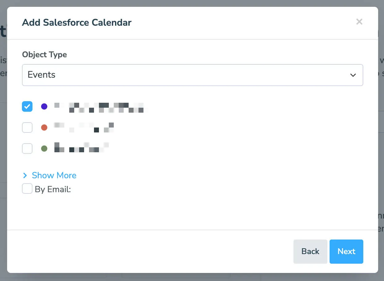 Select the Salesforce Calendar to sync in the Apptoto interface