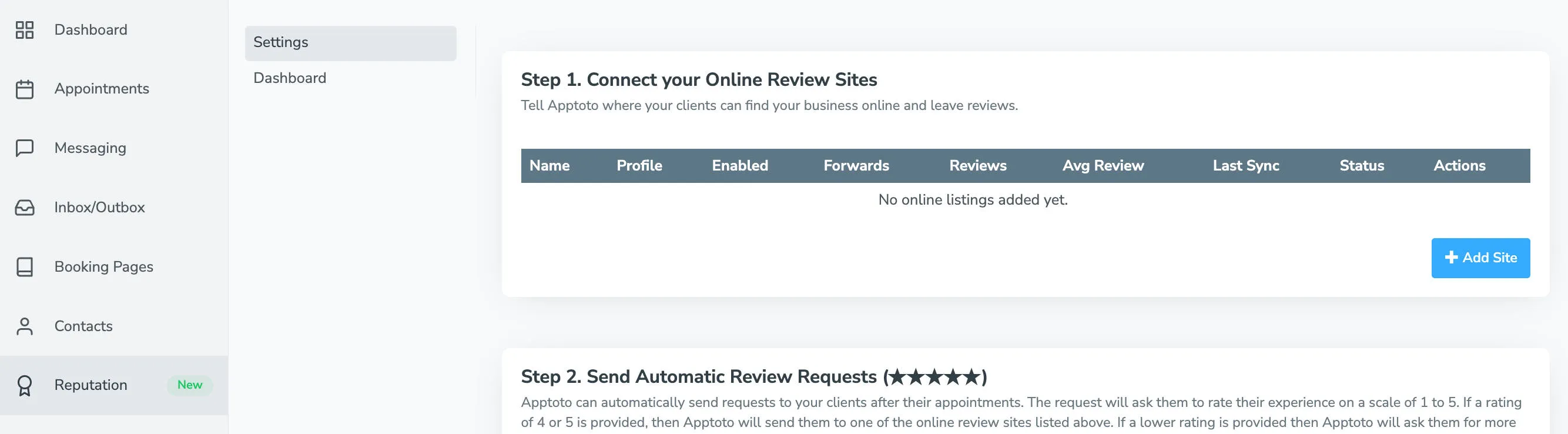 Click "Add Site" to add your first review site to Apptoto