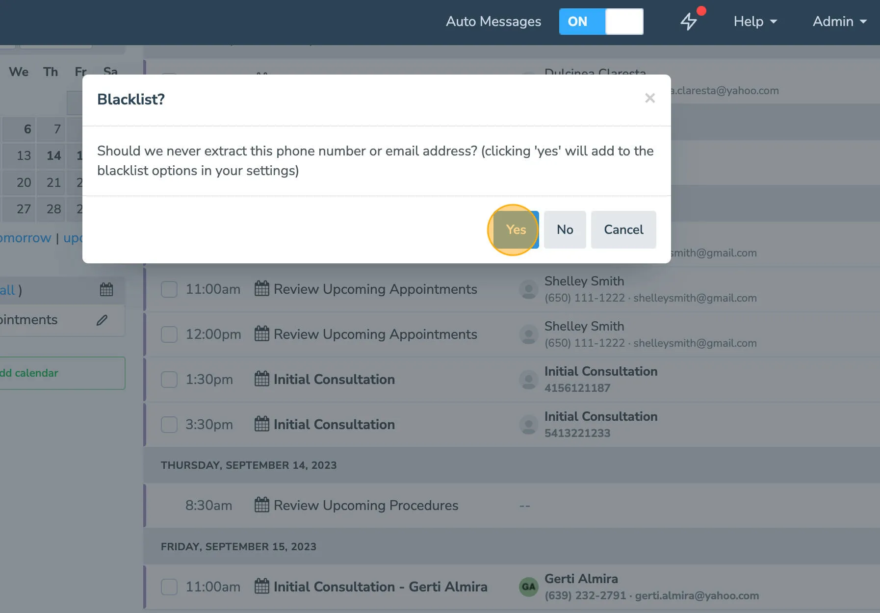 Automatically add a contact to Apptoto blacklist approval message