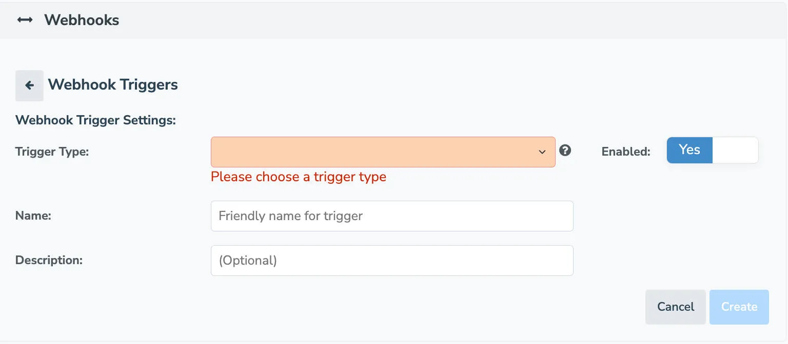 Add webhook trigger settings to create a new webhook.