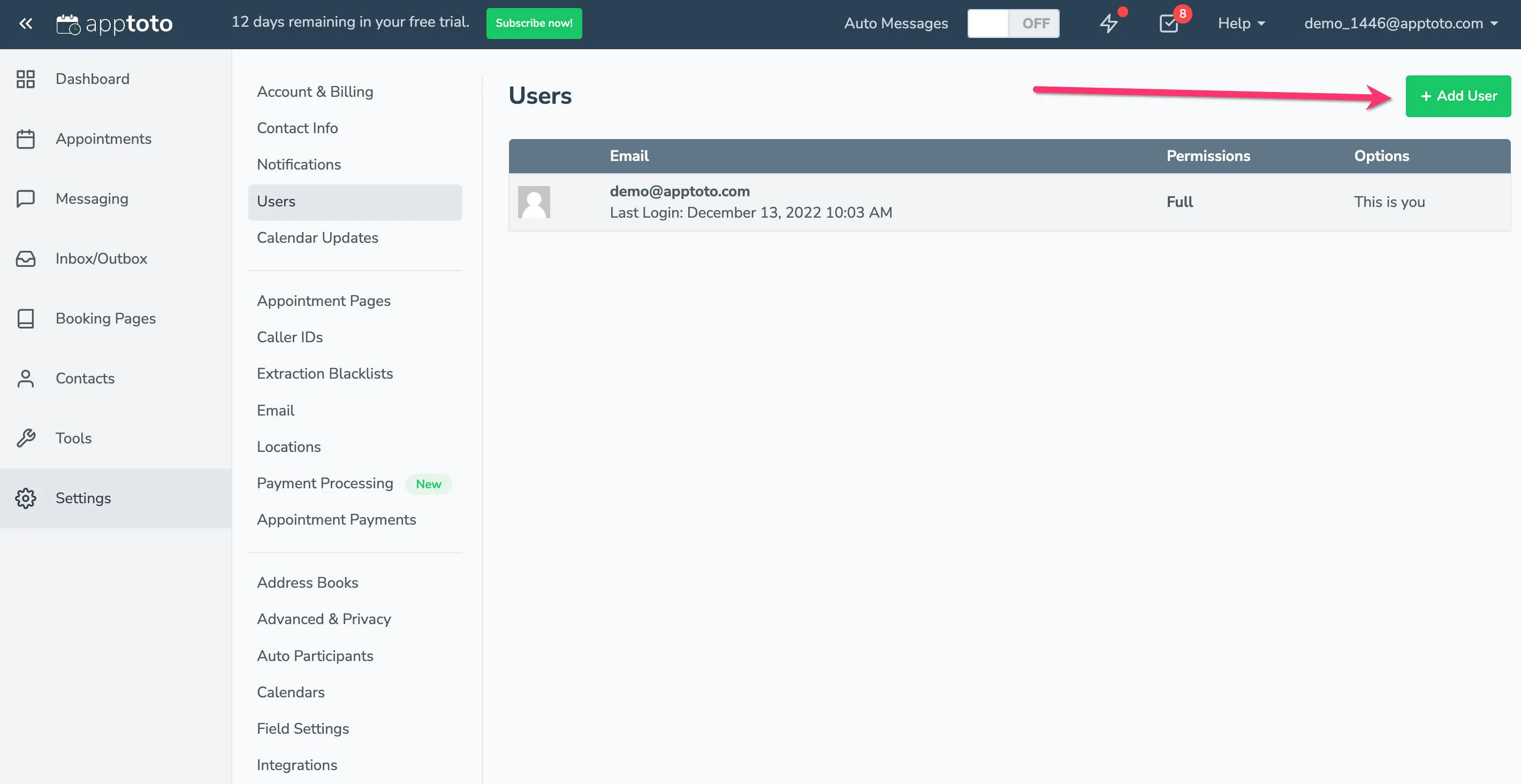 Add new users to your Apptoto account via Settings > Users > +Add User
