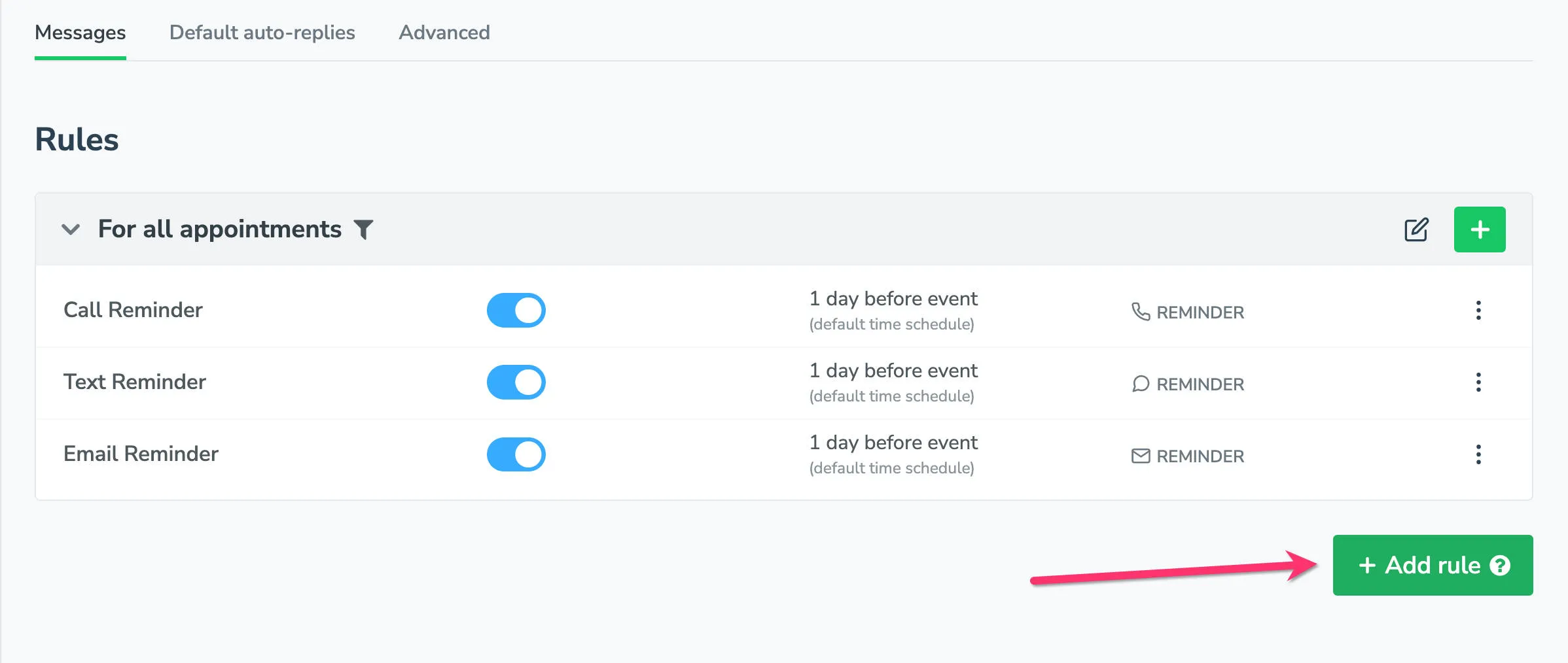 Click the "+ Add Rule" button found on the Appointments Auto Message tab to create a new rule.