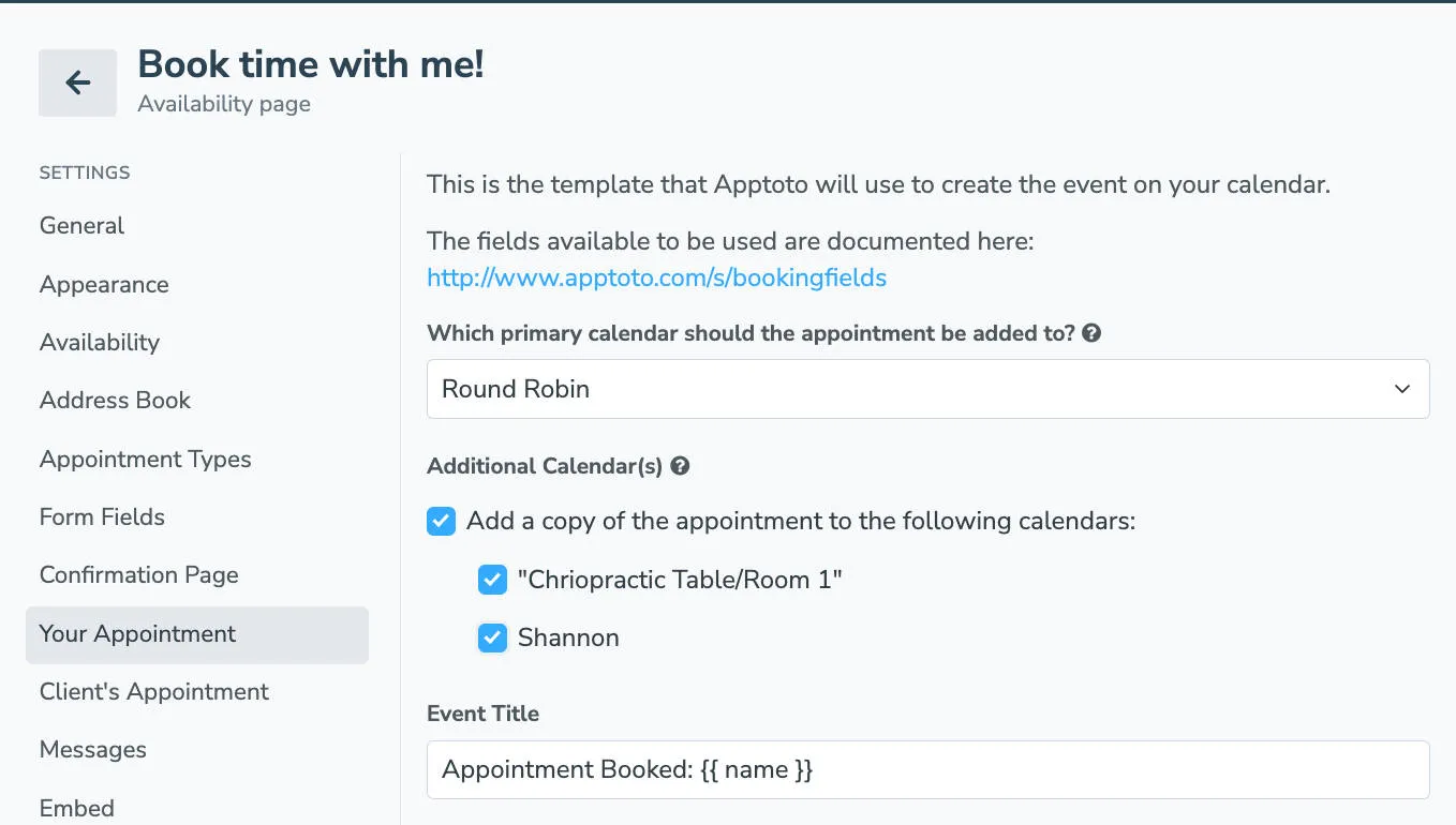 Apptoto Booking Page tab showing how to allow an appointment to be added to multiple calendars via "Your appointment" tab