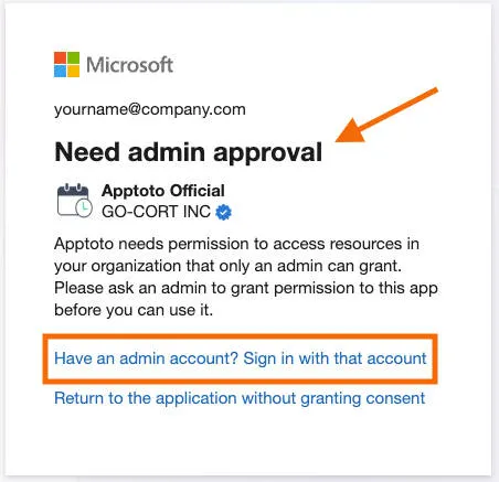 Modal screen showing that Microsoft requires Admin approval to allow you to share your Microsoft calendar and contacts with Apptoto