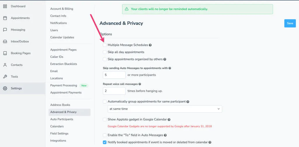 Settings > Advanced & Privacy tab showing where to enable multiple message schedules.