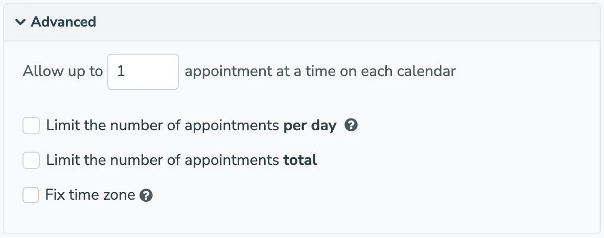 Advanced Apptoto booking page settings on the Availability tab