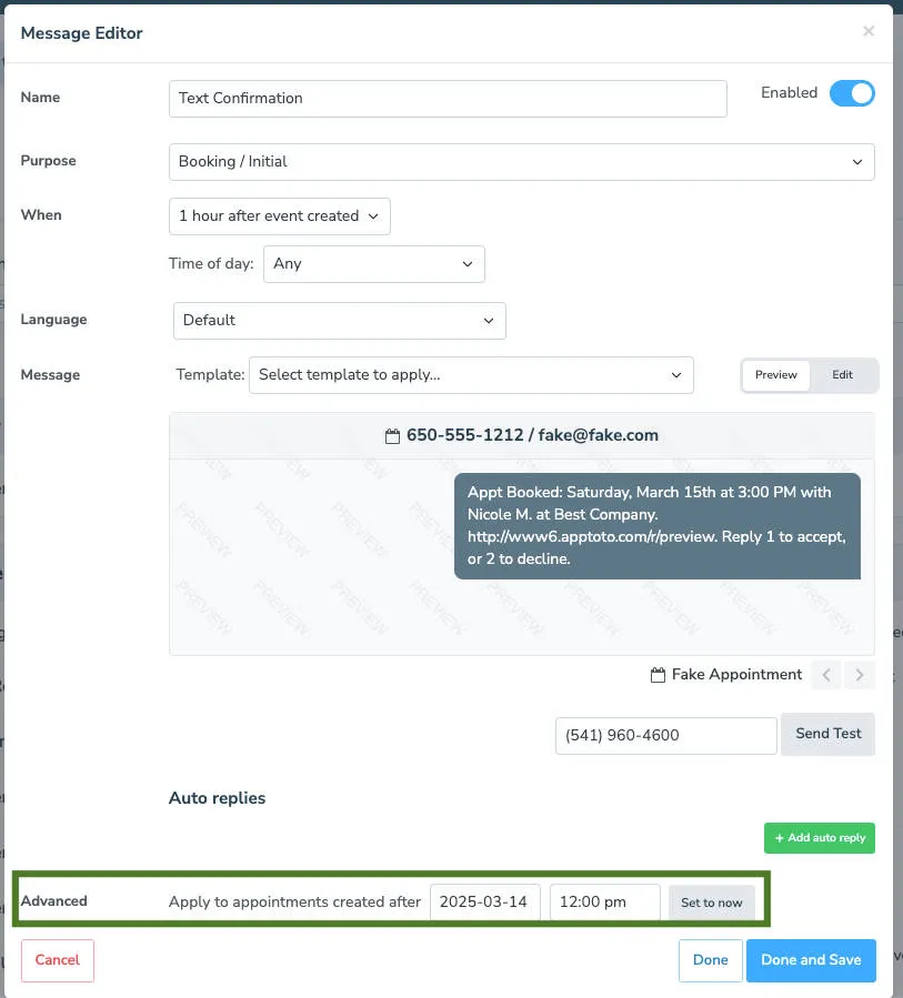 Apptoto's advanced booking confirmation message timing for sending messages to bookings after a specific date