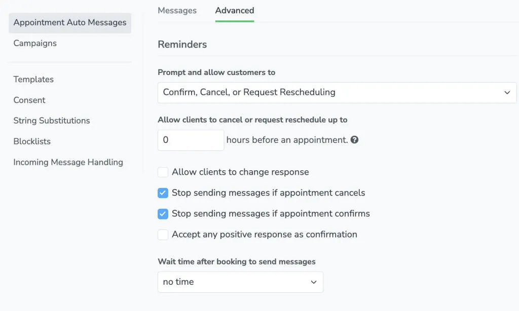Apptoto's advanced auto messages settings form.