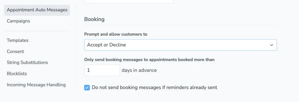 Apptoto's advanced booking message settings form.