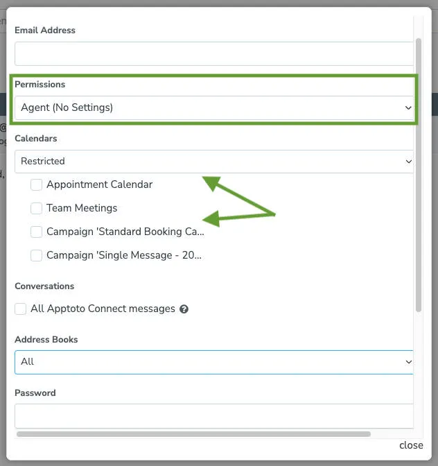 Select "agent" permission to limit Apptoto access to certain calendars and address books