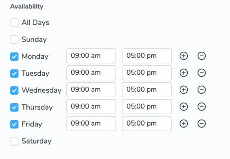 To appear unavailable for certain days, uncheck "all days" setting and pick the days you are avaialble.