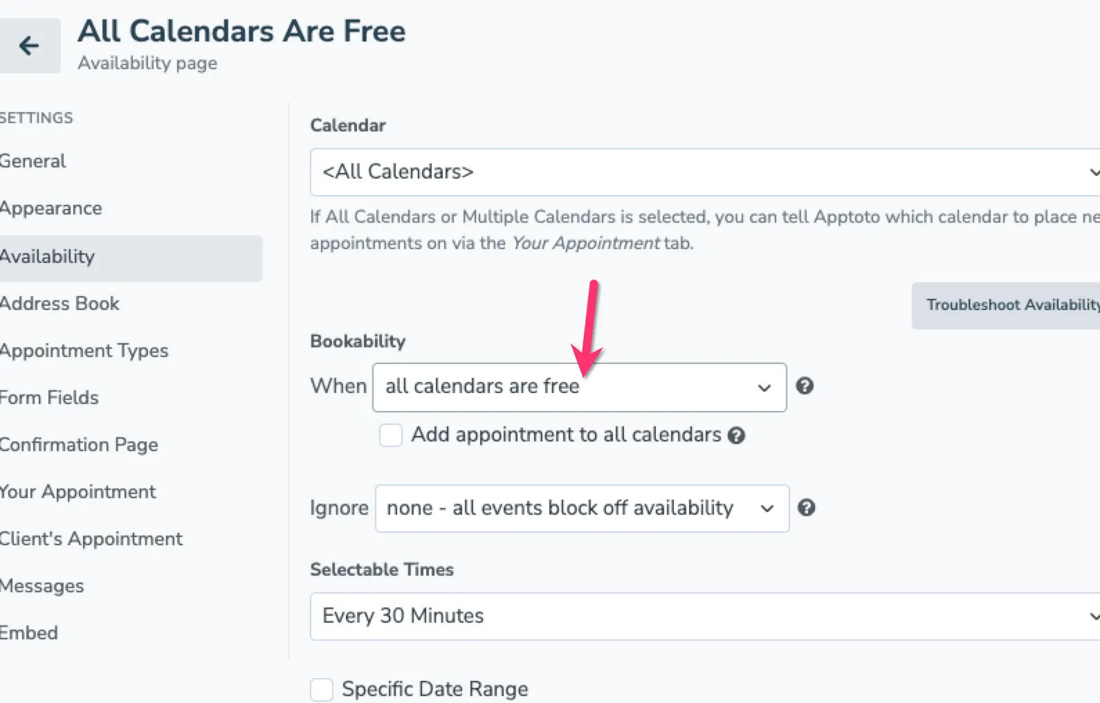 Apptoto bookability settings requiring all synced calendars to be open to display an available appointment