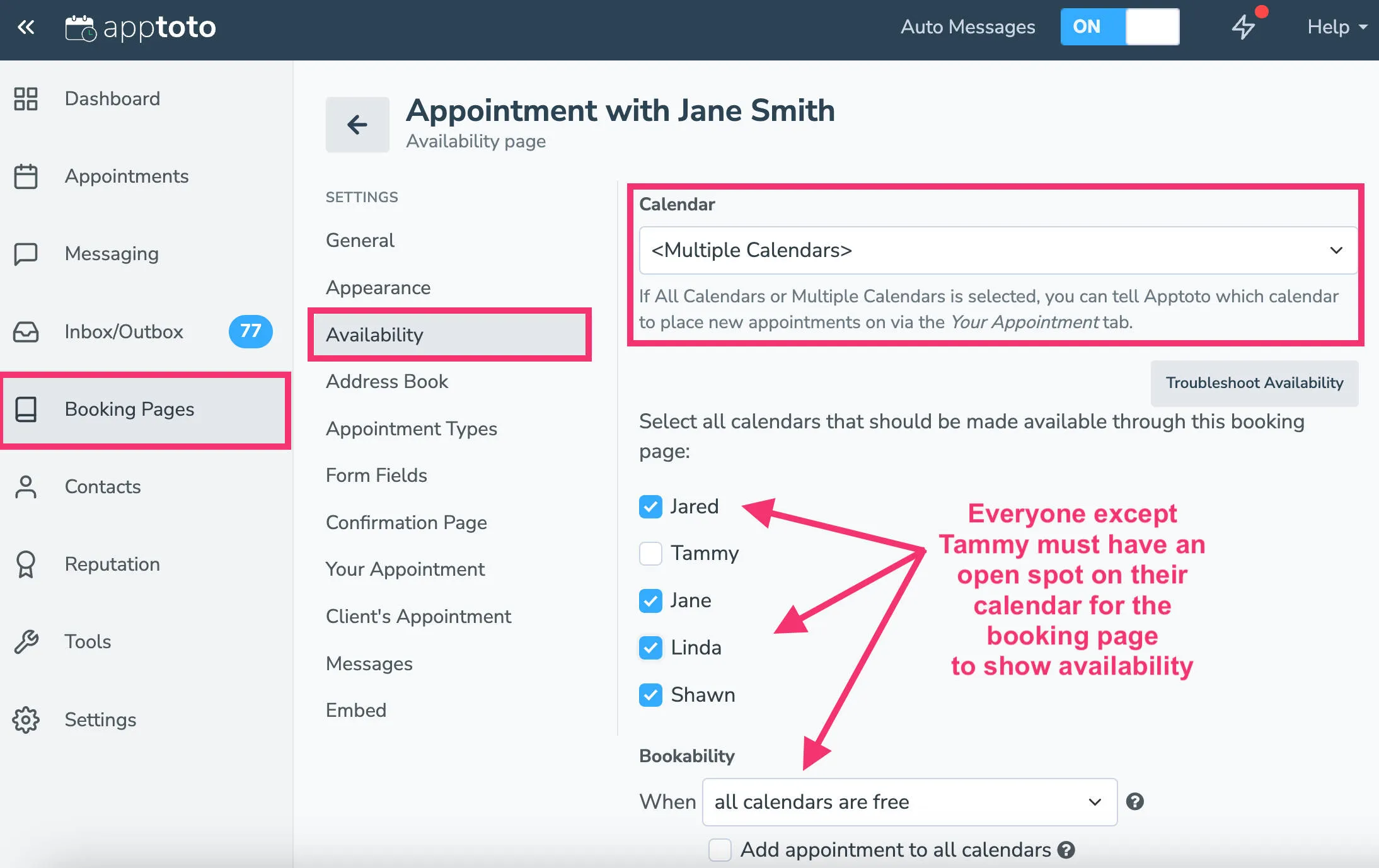 Bookability settings requiring all synced calendars to be free to show an open appointment slot