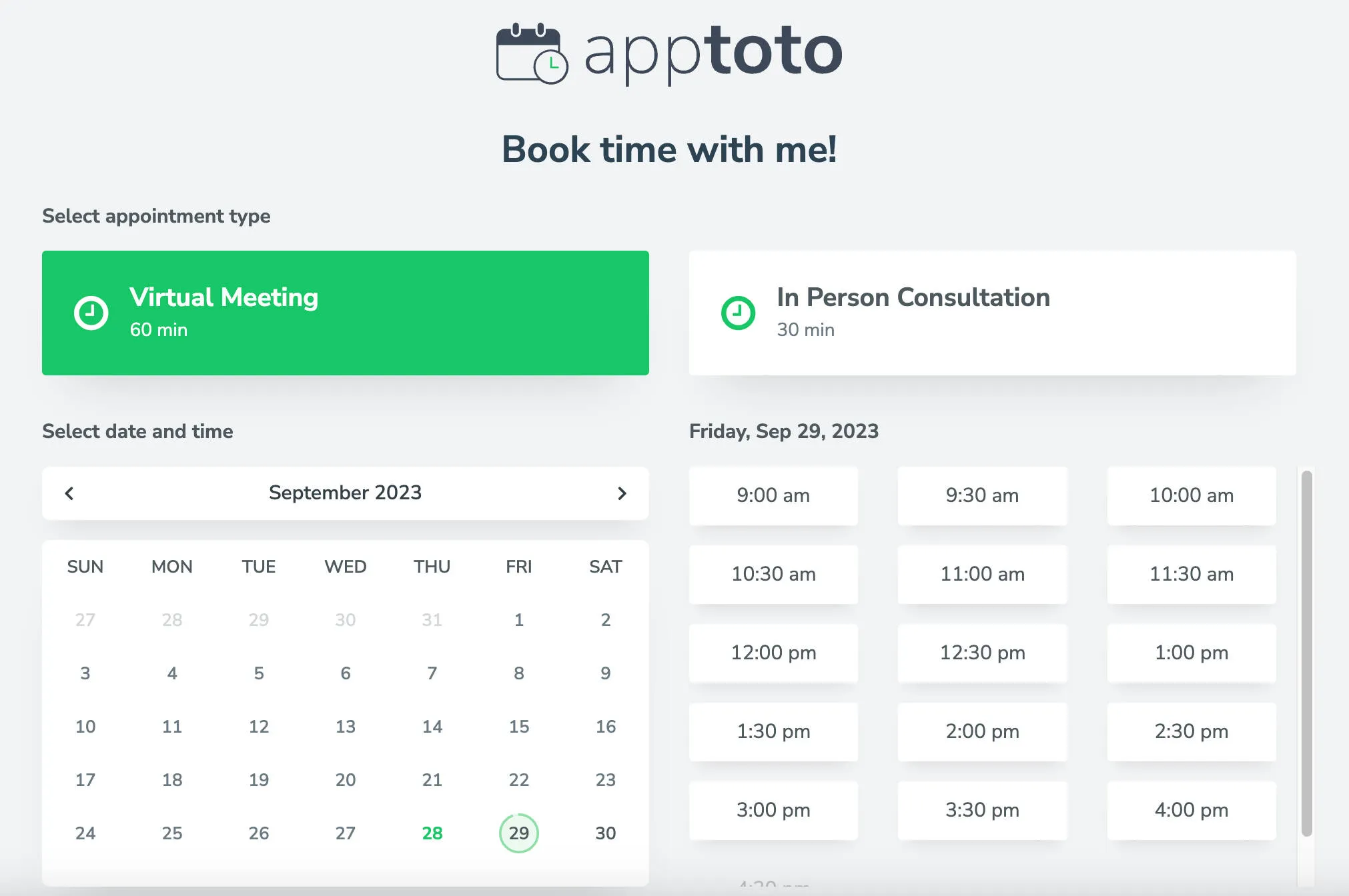 all-in-one Apptoto booking page layout