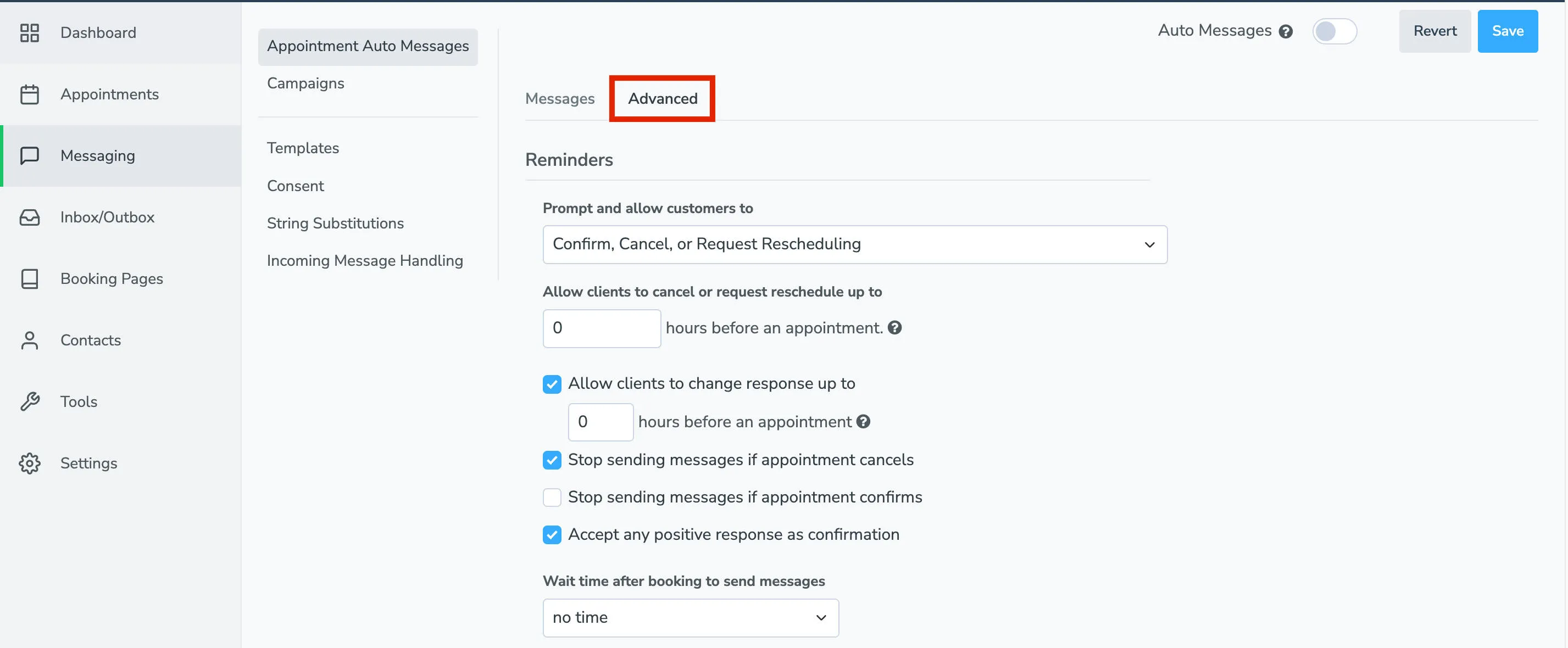 Advanced messaging settings in Apptoto