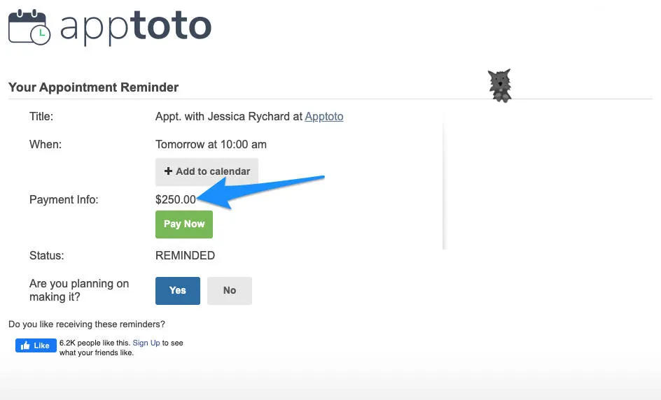 Apptoto appointment reminder with required payment included