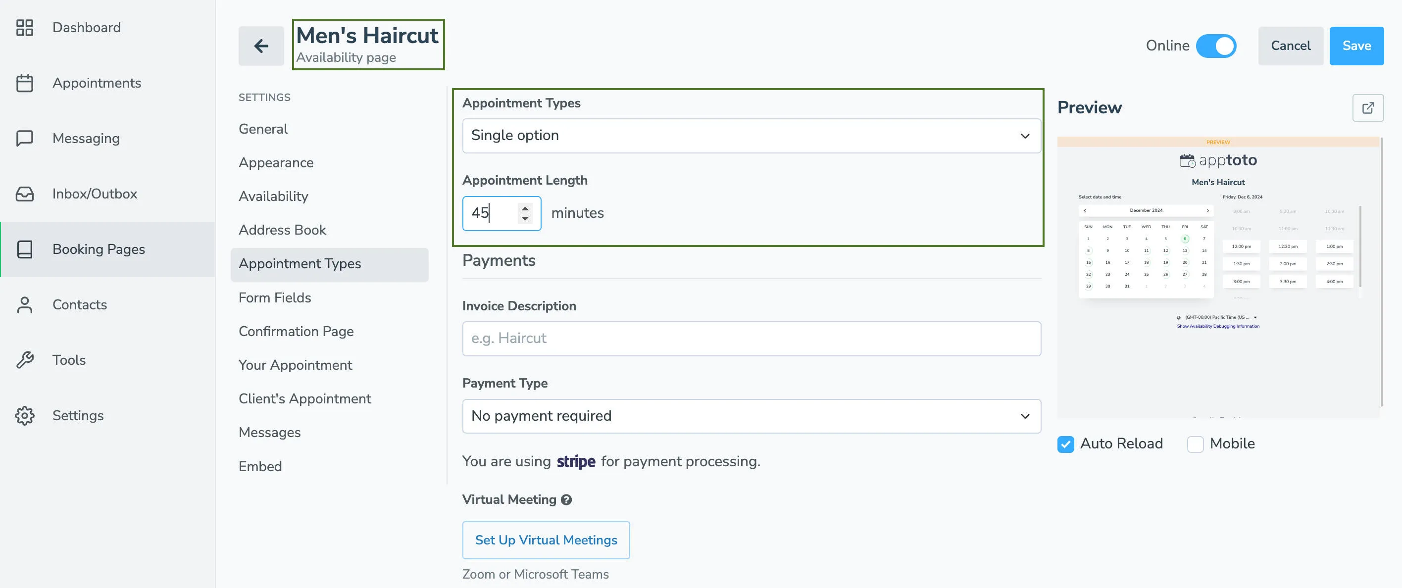 Control your appointment type settings for each apptoto booking page