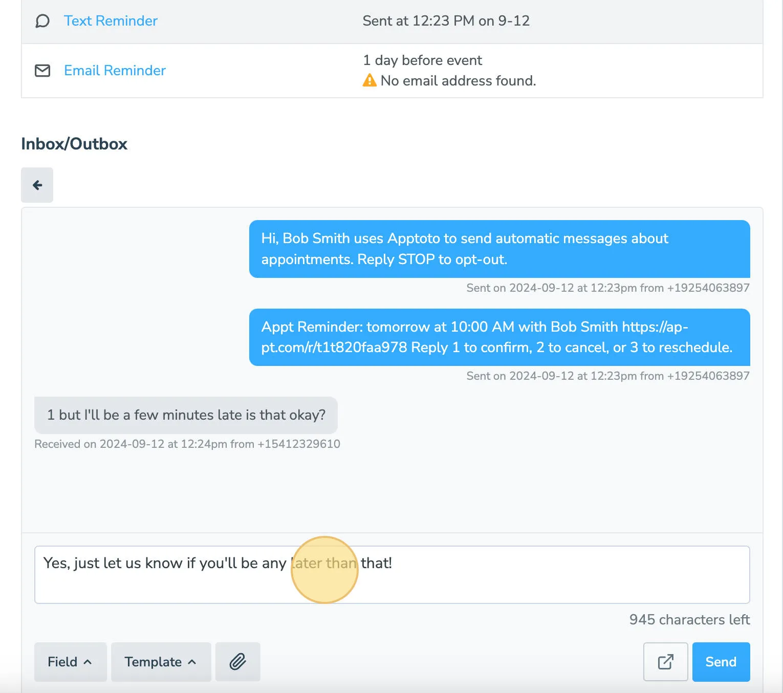 Sending a reply via the Apptoto appointment view inbox/outbox
