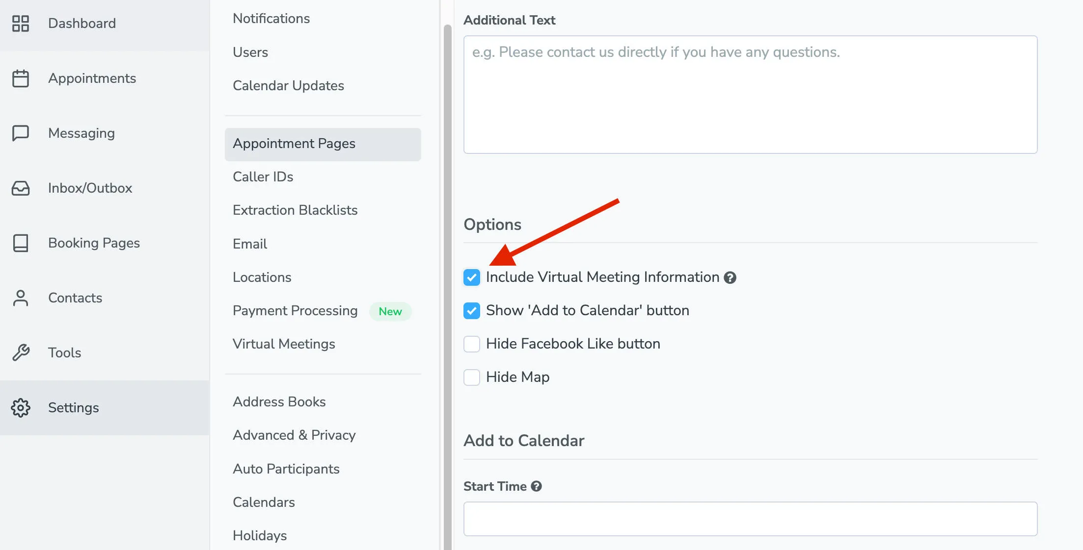 Display virtual meeting information on your appointment pages setting.