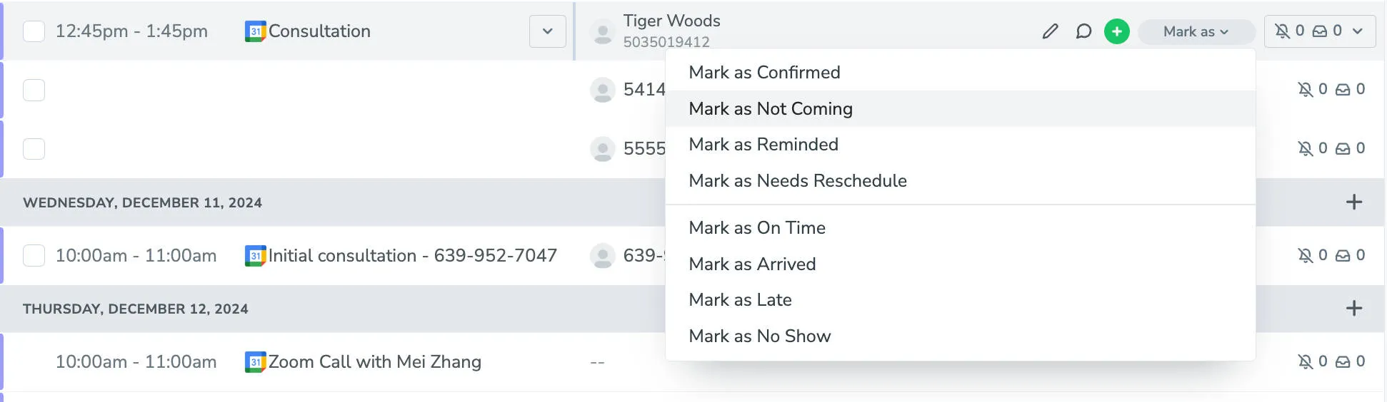 Mark an appointment invitee's appointment reminder status from the Appointments tab.