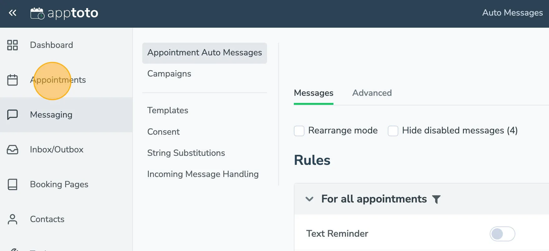Highlighted Appointments tab in Apptoto platform