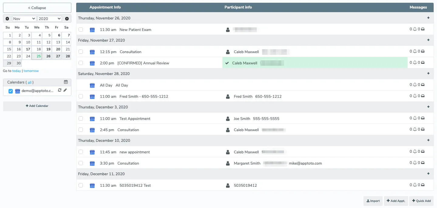 Apptoto appointments view showing synced Google Calendar