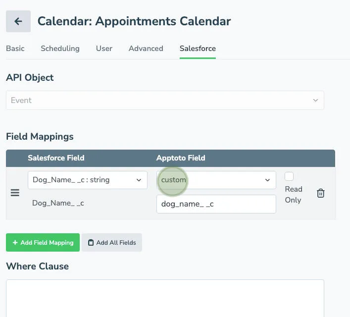 Apptoto custom field mapping to Salesforce field in Apptoto