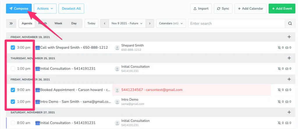 Use checkboxes next to appointment events on Appointments tab to compose one-time messages to a group of people.