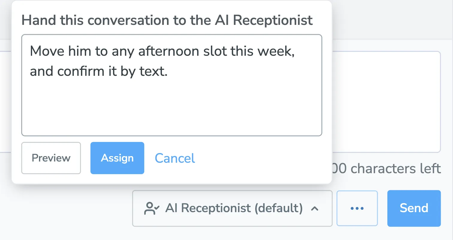 The hand-over box with instructions typed in, and Preview, Assign, and Cancel buttons