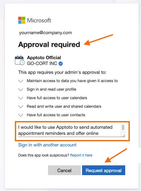 Apptoto showing Microsoft admin approval needed to complete sync with reasoning