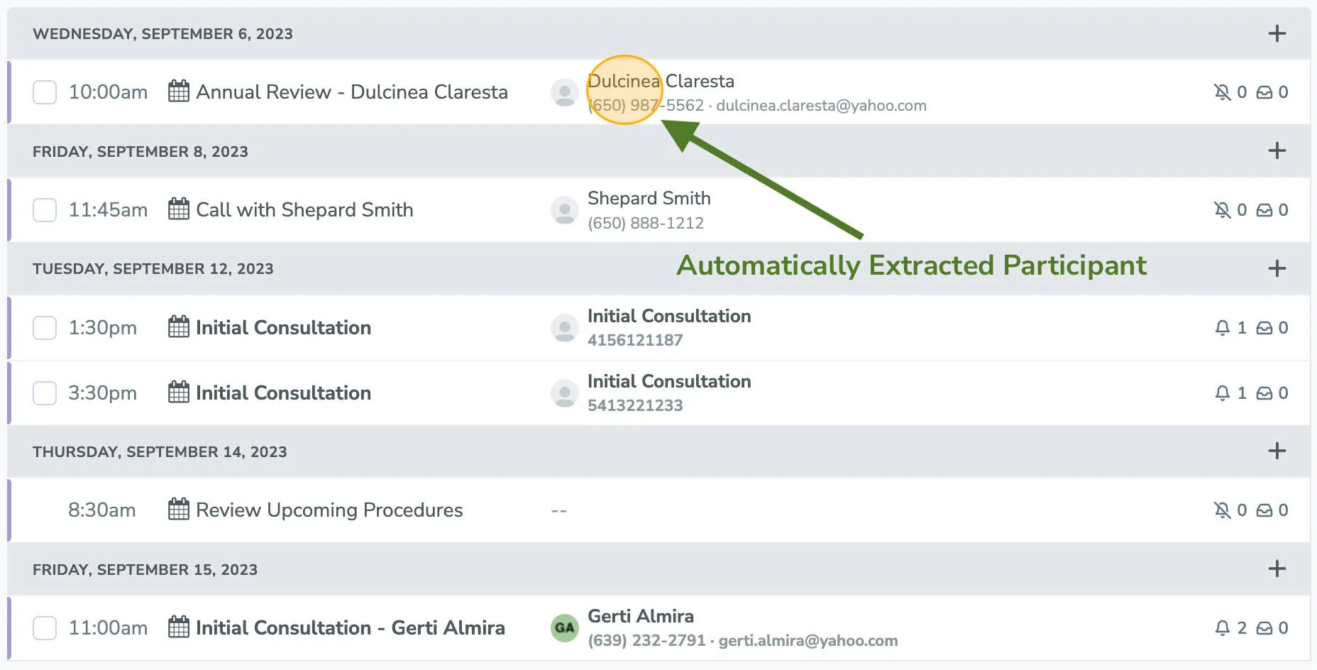 Name automatically extracted and added to a meeting in Apptoto