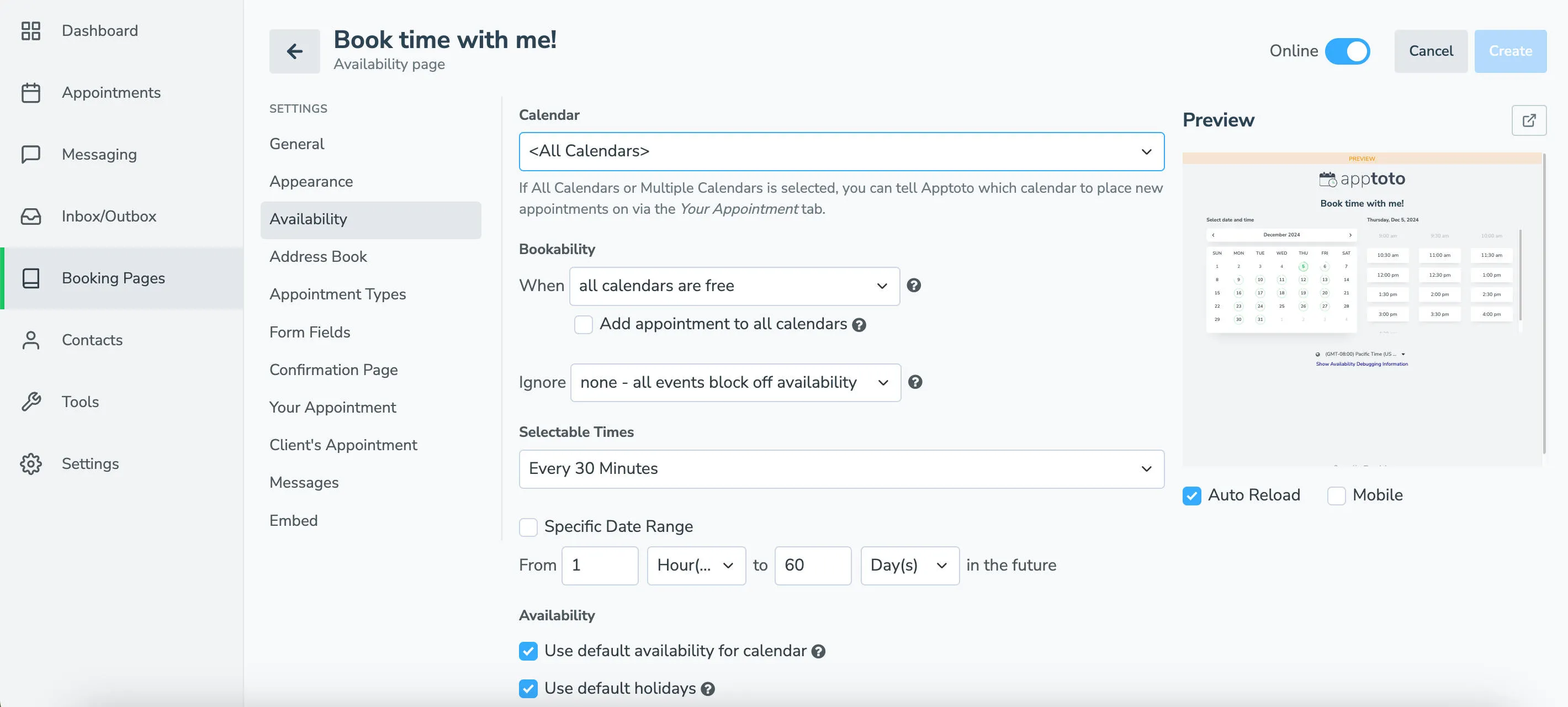Apptoto availability page settings