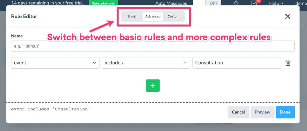 Select basic, advanced, or custom keyword matching options in Apptoto's Rule Editor