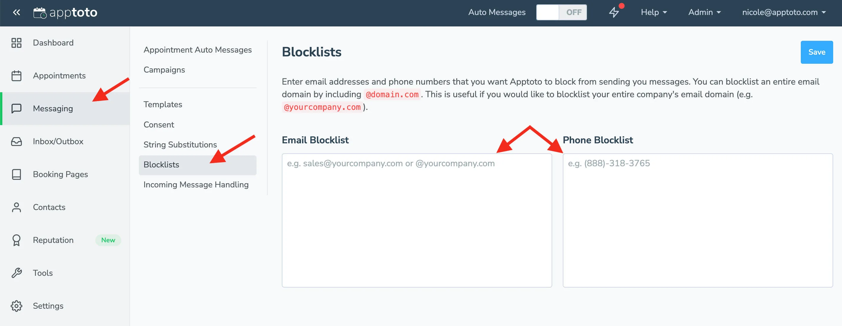 Add phone numbers to the blocklist to prevent them from sending you messages or scheduling appointments with you