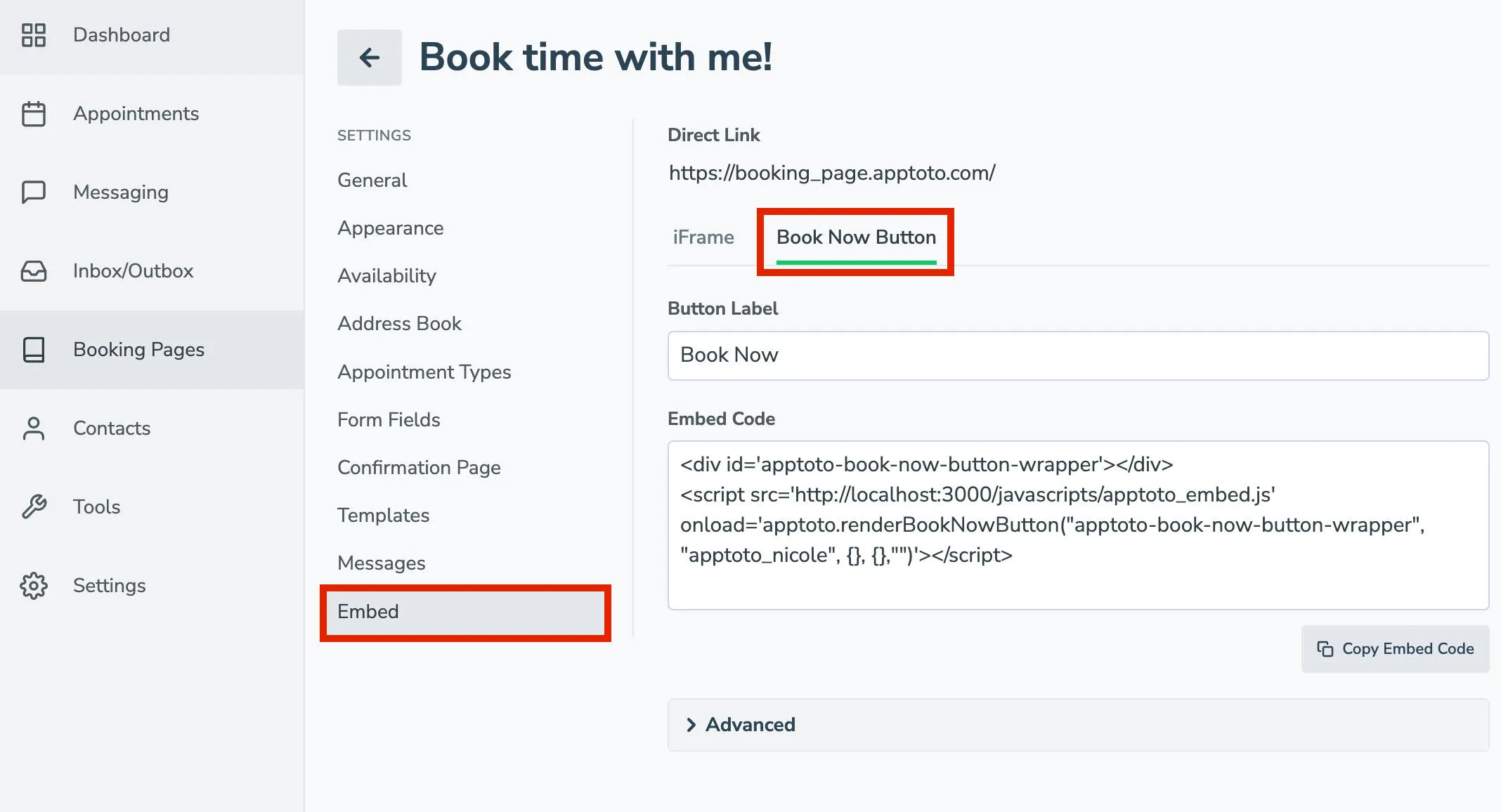 Embed Apptoto online scheduling page on your website with a book now button