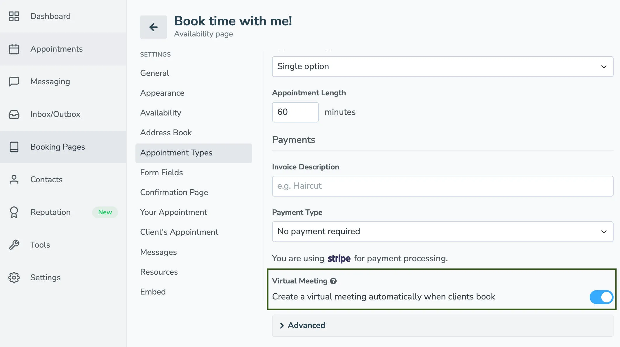 Enable virtual meetings on the Booking Pages > Appointment type tab