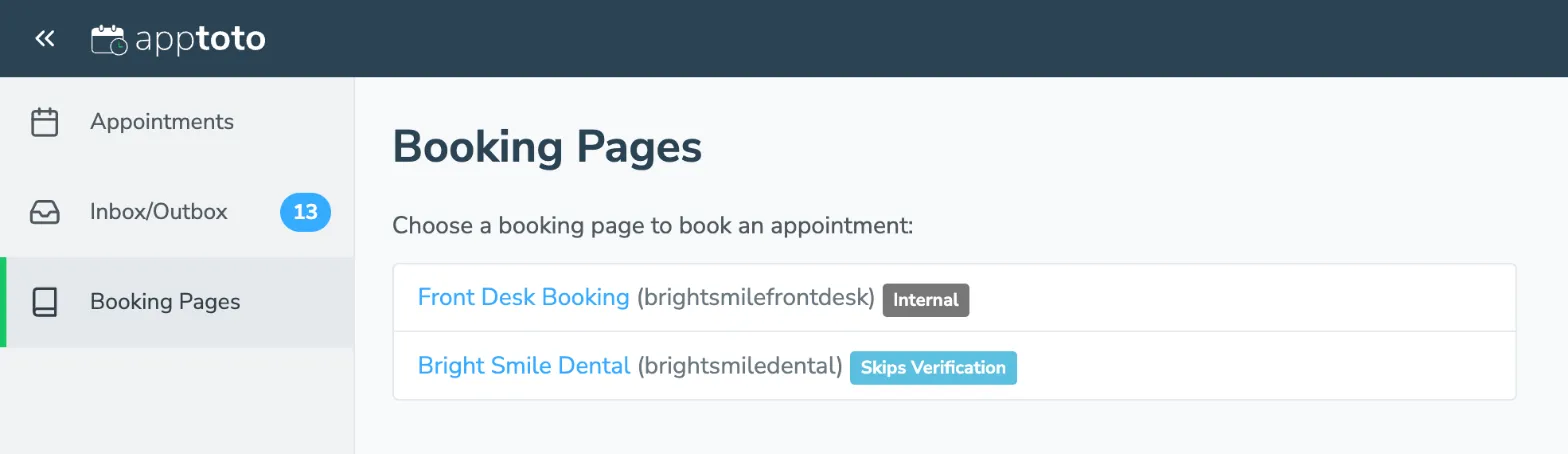 A Custom user with Appointments, Inbox/Outbox, and Booking Pages sees a Booking Pages tab that lists the account's booking pages, with internal pages labeled Internal.
