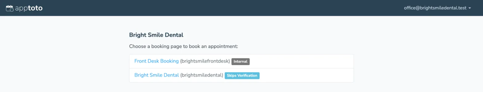 A Booking Pages Only user lands on a list of the account's booking pages, with the Account Switcher in the top right.