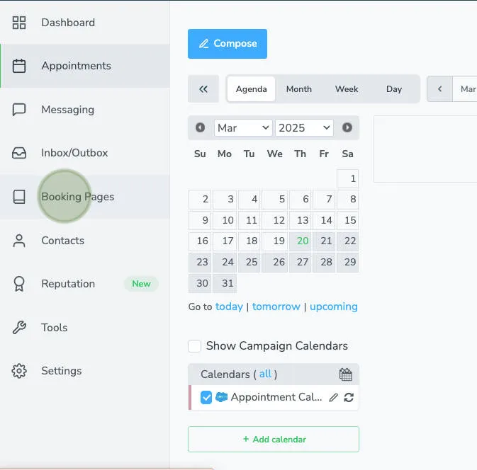 Booking page tab in Apptoto platform