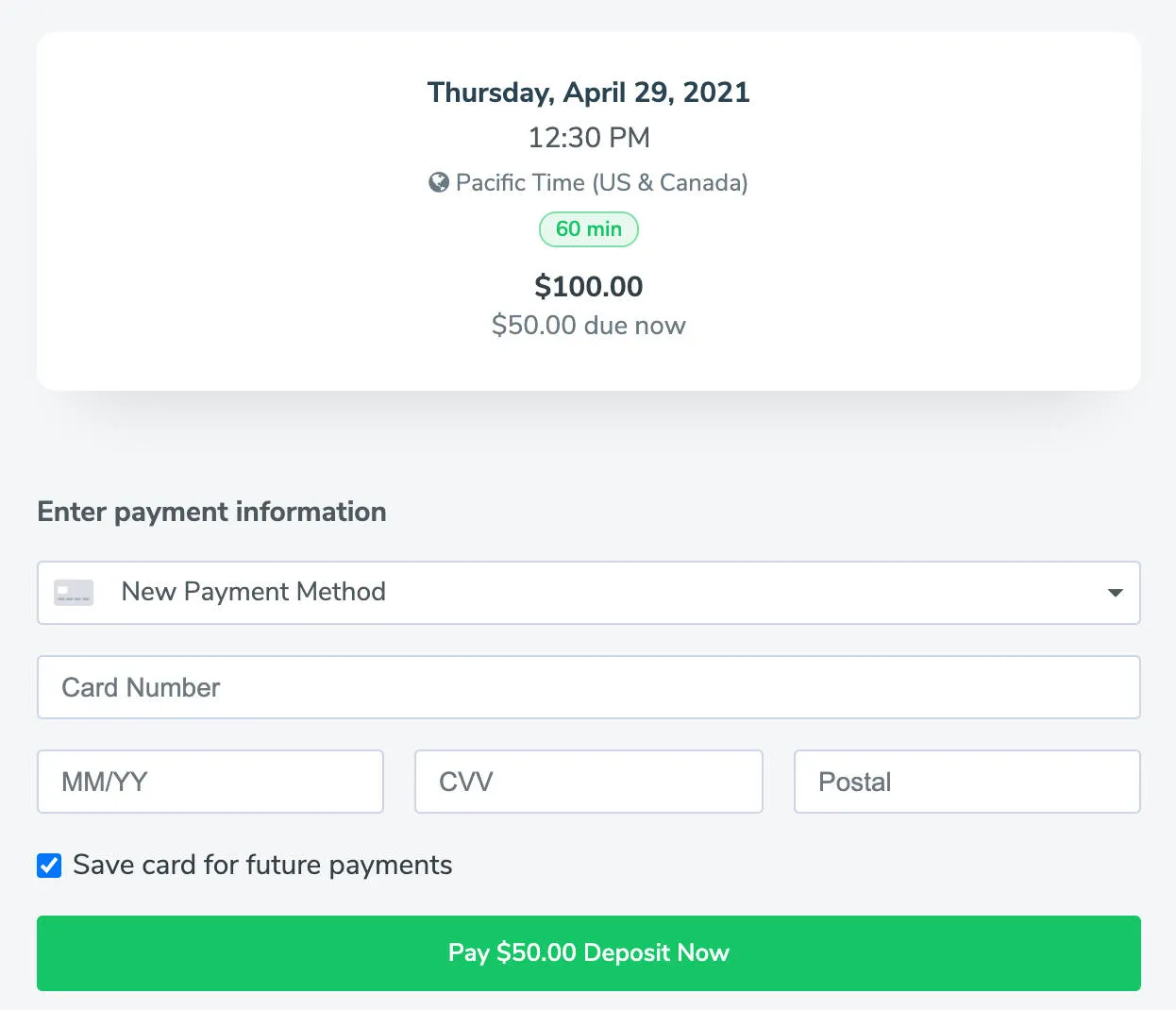 Booking page displaying deposit plus the full cost of the service