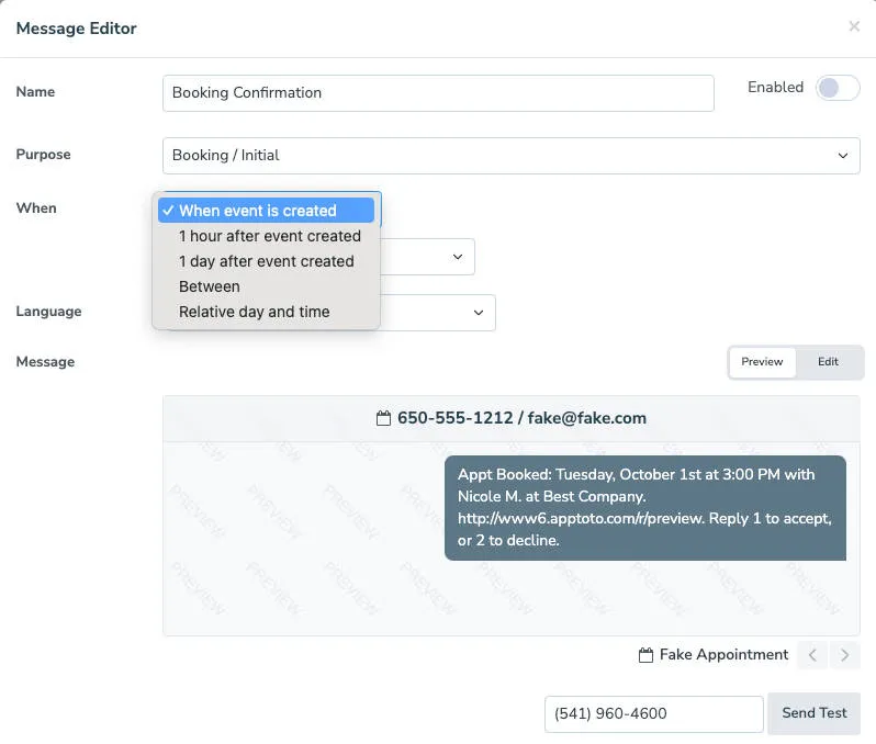 Apptoto Message Editor "When" field for setting booking confirmation timing