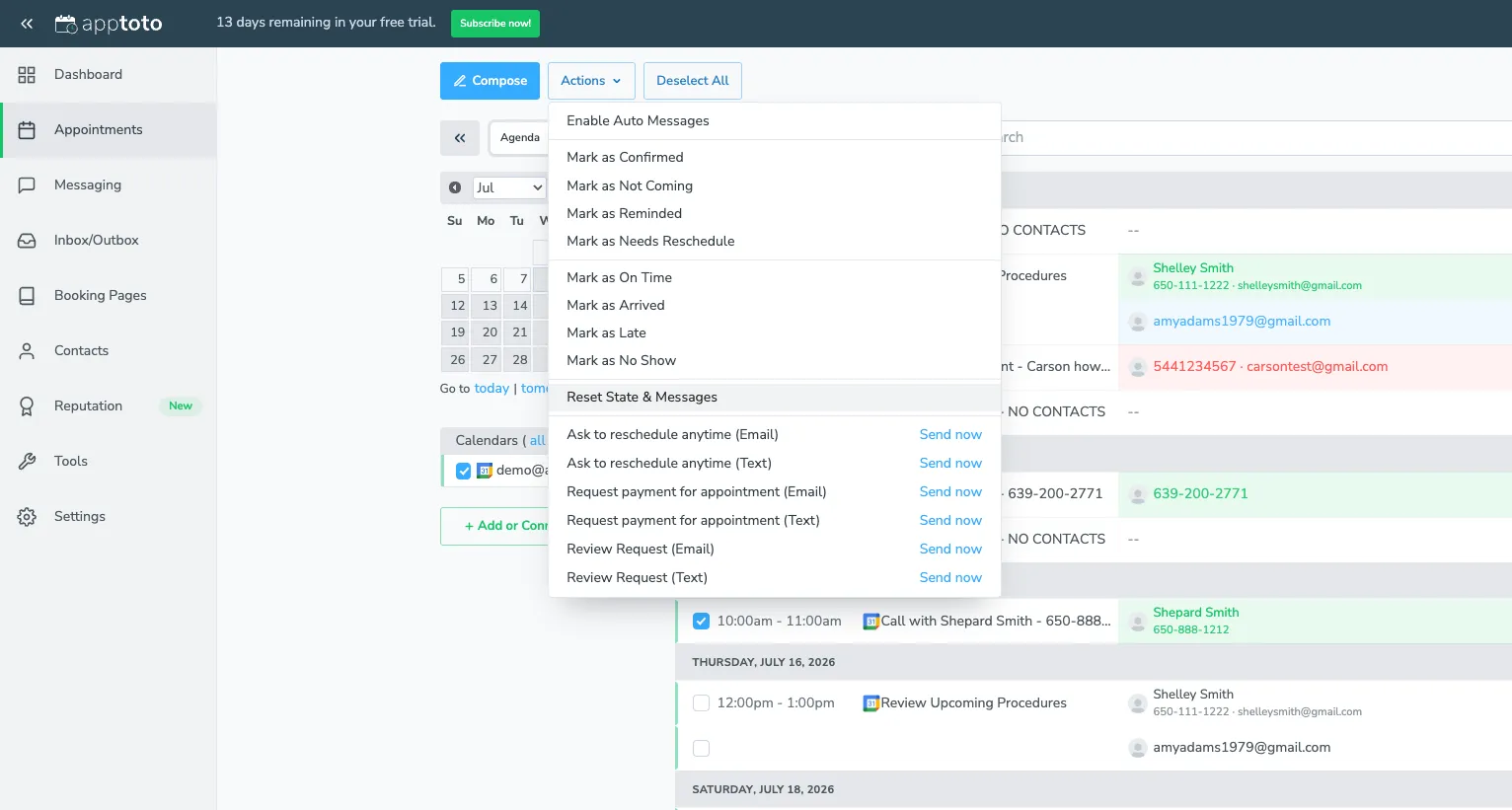 The Actions dropdown shows bulk options for updating participant states and sending messages.