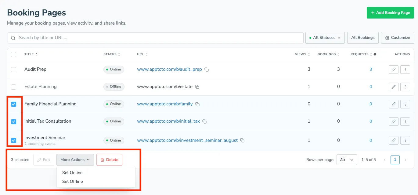 Booking pages selected with bulk action buttons shown below the table.