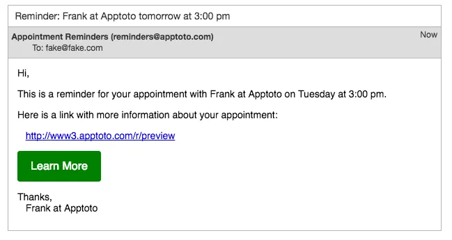 Example Apptoto appointment email with button inserted