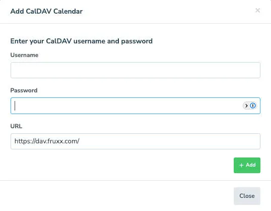 Apptoto form requiring CalDAV server URL, username, and password to enable syncing