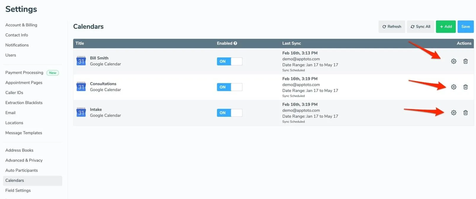 Clicking the cog on the Settings > Calendar tab lets you update a calendar's settings and details.
